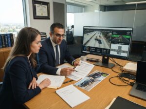 Lawyers discussing car collision case and checking CCTV footage