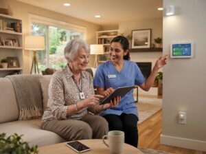Elderly homeowner uses smart devices
