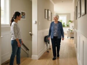 Elderly person walks on a hallway with sensor installed for the lights
