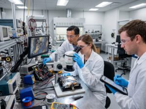 Engineers examining overheated device