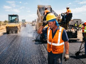 Road construction workers paving asphalt under intense heat