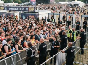 Security manage crowd at the entrance