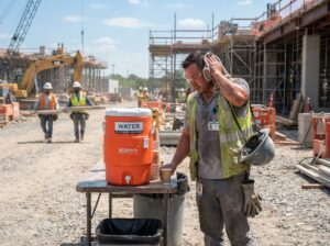 Worker wipes sweat to prevent heat illness in construction site