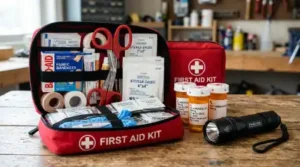 Stocked first aid kit open